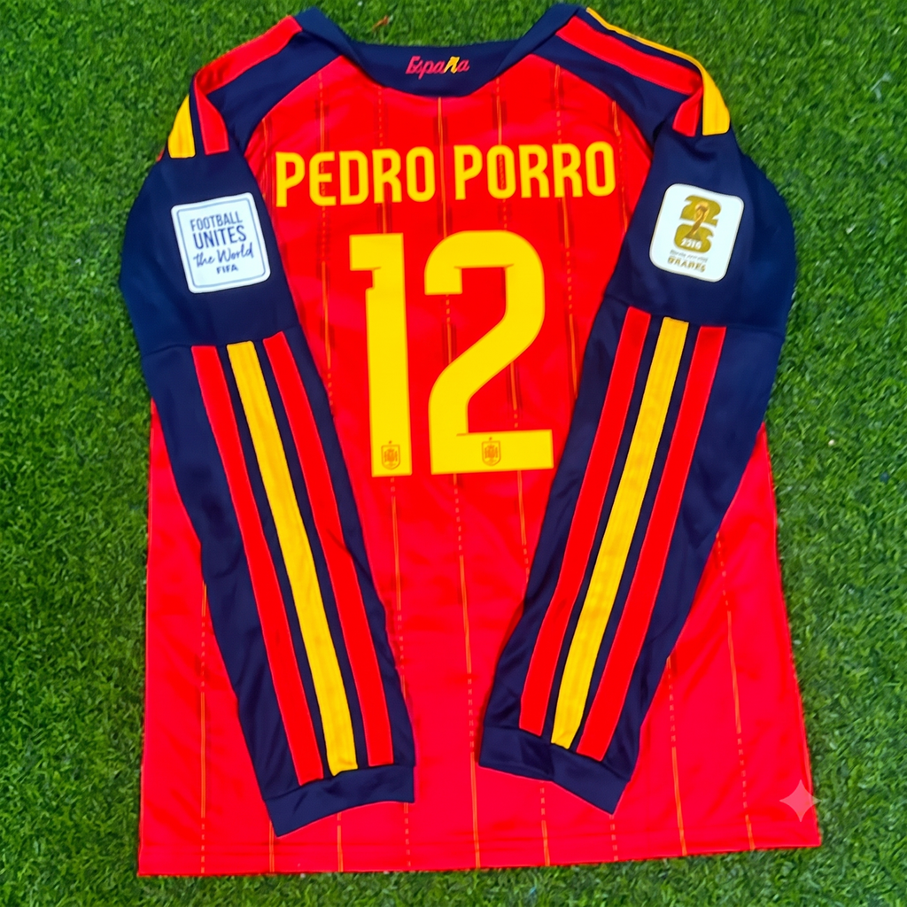 Pedro Porro #12 Spain 2026 World Cup Home Long Sleeve Jersey – Back View