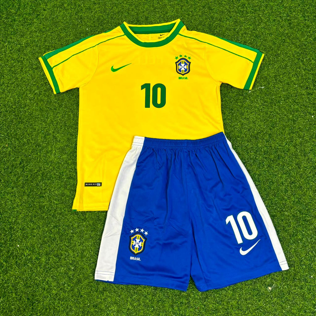 Pele #10 Brazil Retro Kids Soccer Kit Jersey Kinder Enfant – Front View