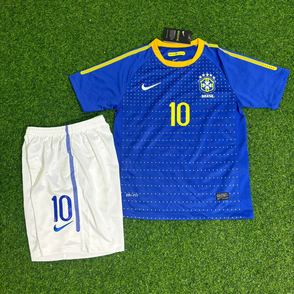 Brazil World Cup Retro Blue Kids Football Jersey – Pelé – Front View