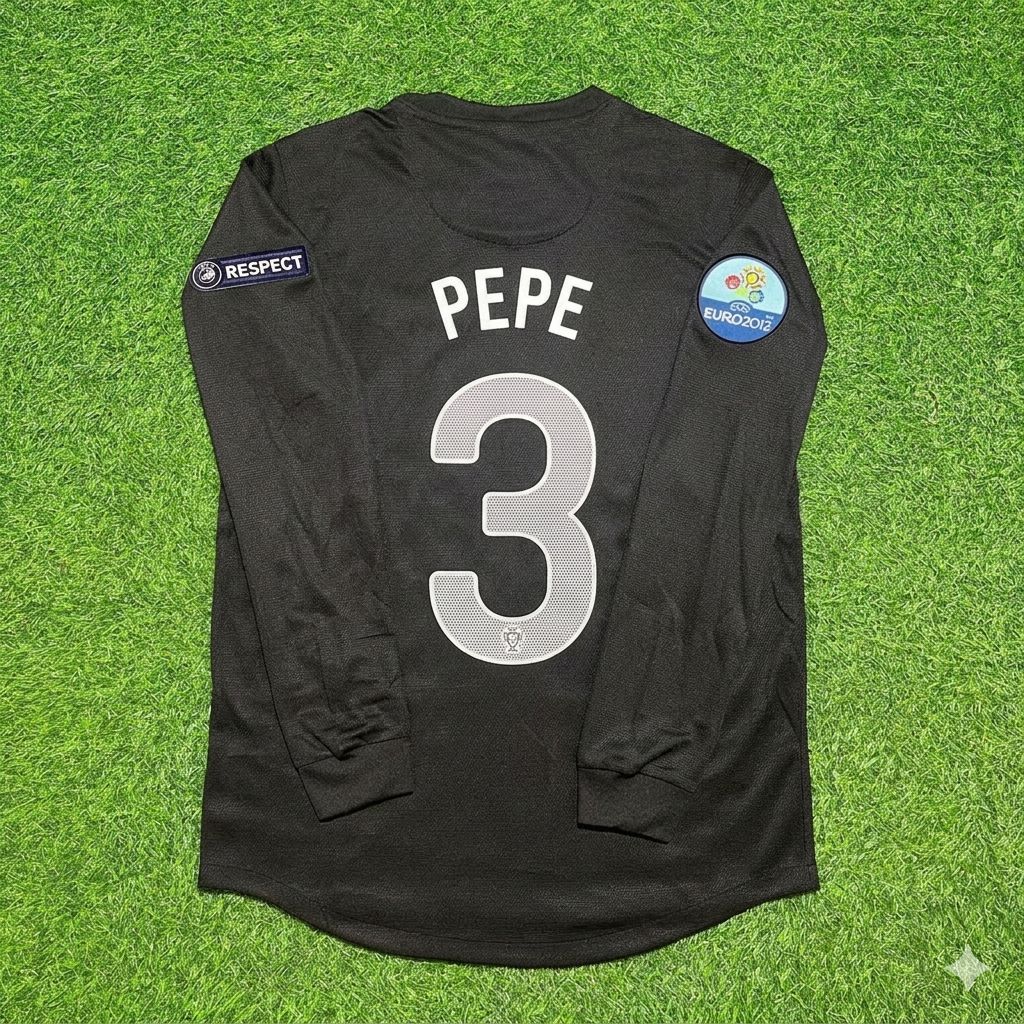 2012 Portugal EURO Pepe #3 Away Black Long Sleeve Retro Football Jersey – Back View