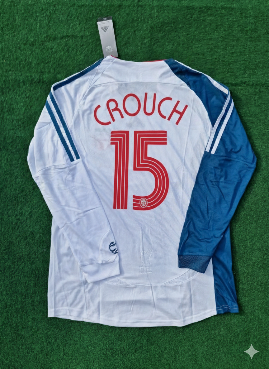 2007 Peter Crouch Liverpool White Blue Long Sleeve Retro Football Jersey – Back View