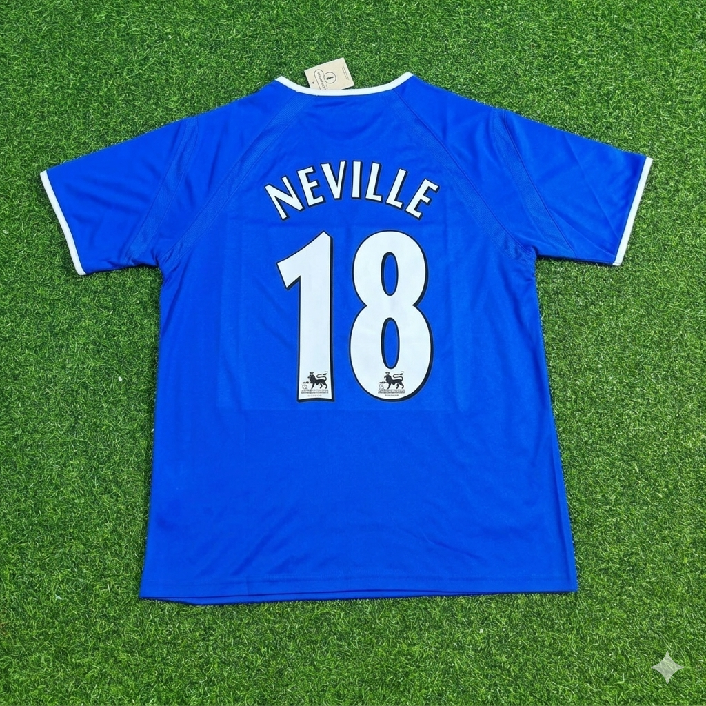 Gary Neville #18 Everton Fc Blue Retro Football Jersey – Back View