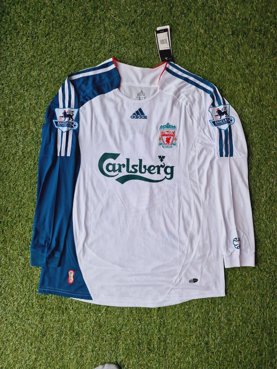 2007 Fernando Torres Liverpool White Blue Long Sleeve Retro Football Jersey Premier League Patch – Front View