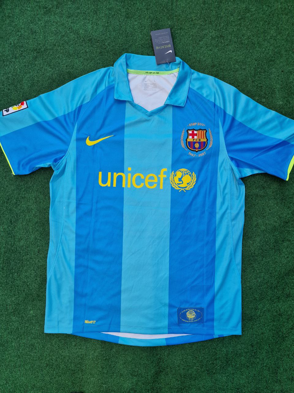 2007 Lionel Messi Barcelona 2008 Light Blue Yellow Number 19 Retro Football Jersey – Front View