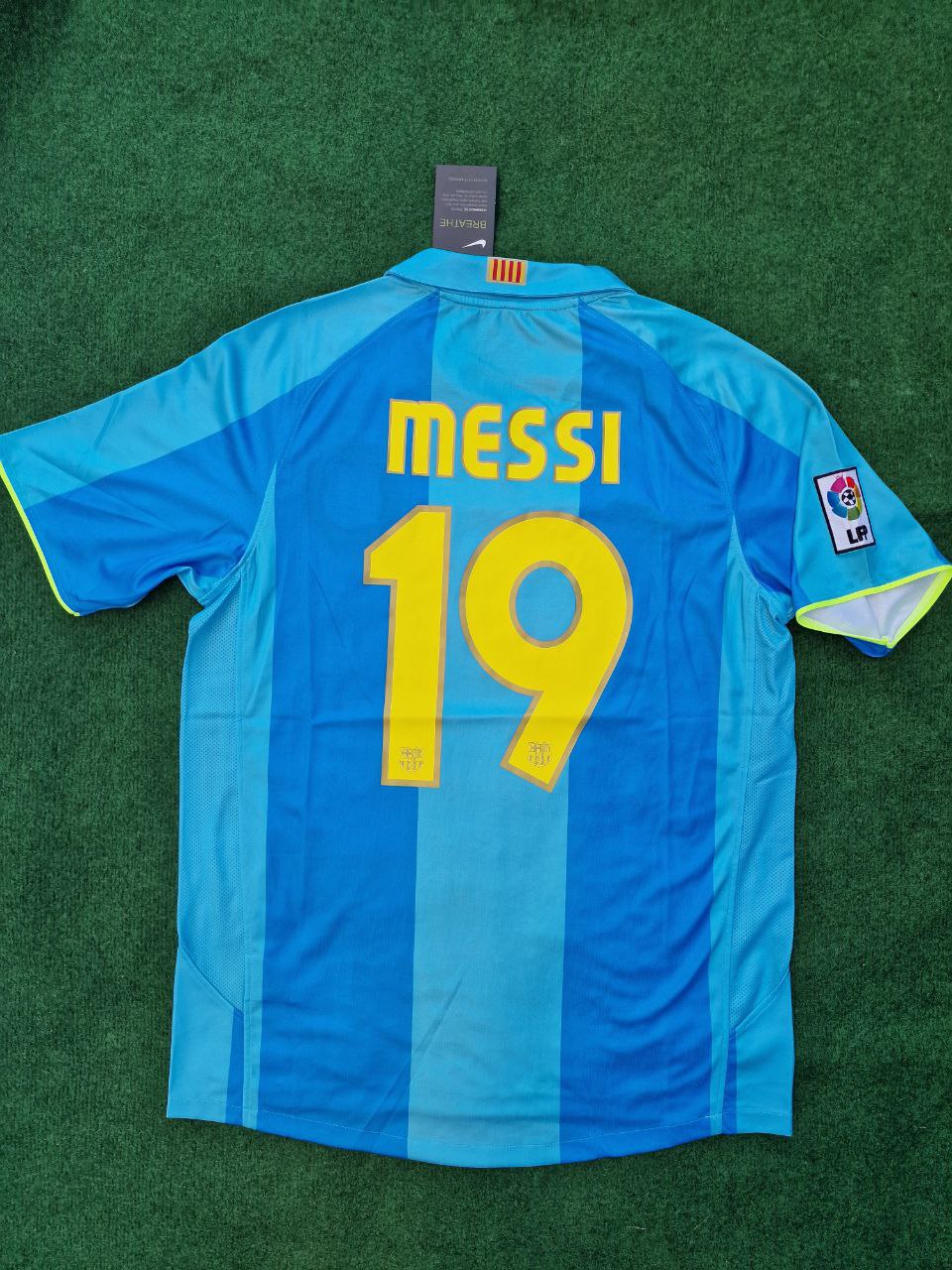 2007 Lionel Messi Barcelona 2008 Light Blue Yellow Number 19 Retro Football Jersey – Back View