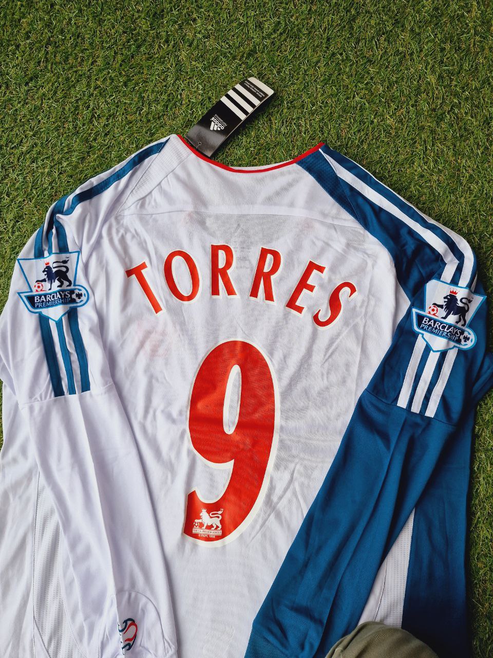 2007 Fernando Torres Liverpool White Blue Long Sleeve Retro Football Jersey Premier League Patch – 5