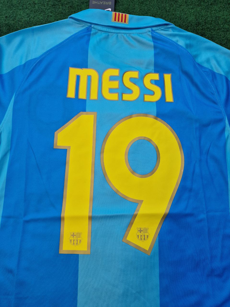 2007 Lionel Messi Barcelona 2008 Light Blue Yellow Number 19 Retro Football Jersey – Detailed View