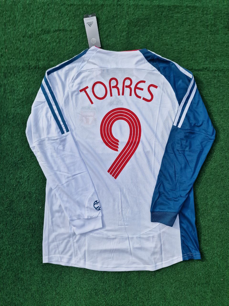 Fernando Torres Liverpool 2007 White Blue Long Sleeve Retro Jersey – Back View