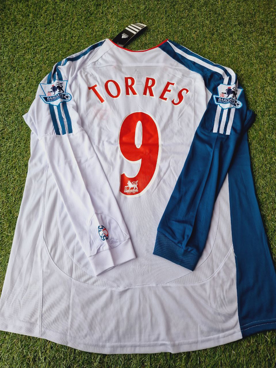 2007 Fernando Torres Liverpool White Blue Long Sleeve Retro Football Jersey Premier League Patch – Detailed View