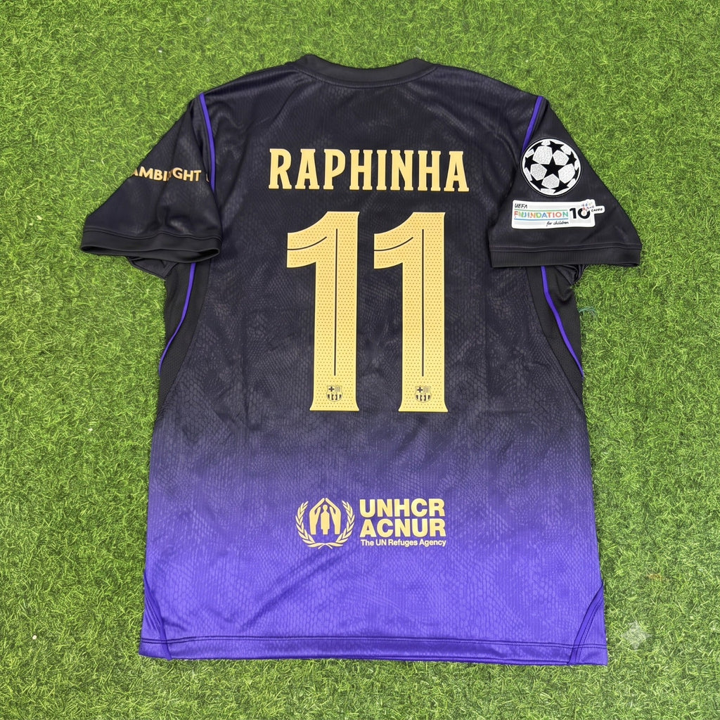2027 Raphinha #11 Barcelona Champions League Patch Away Football Jersey – Back View