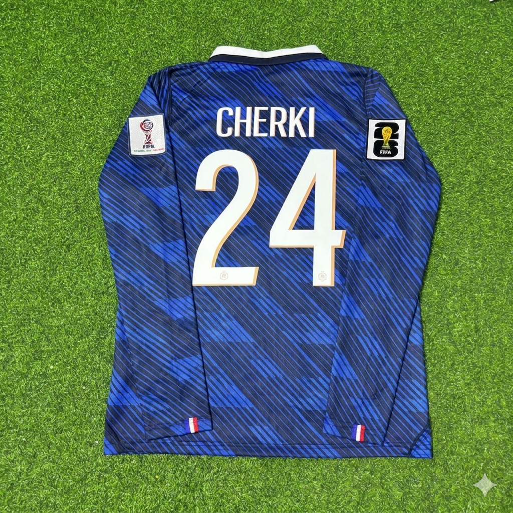 Rayan Cherki #24 France 2026 World Cup Home Long Sleeve Football Jersey – Back View
