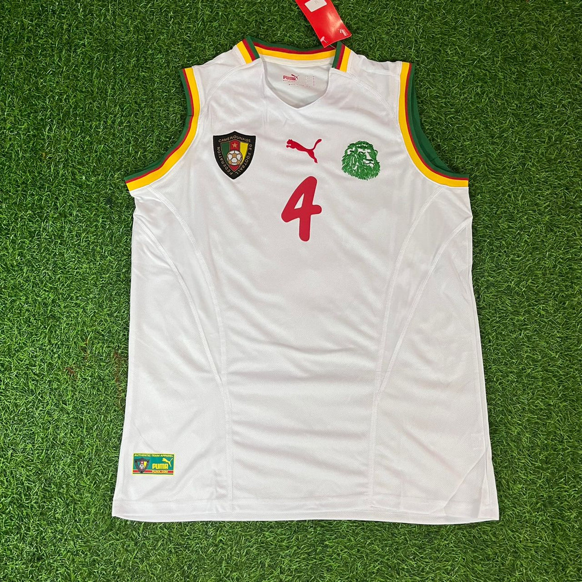 Rigobert Song 4 – Cameroon 2002 World Cup Sleeveless White Kit Jersey – | | – Front View