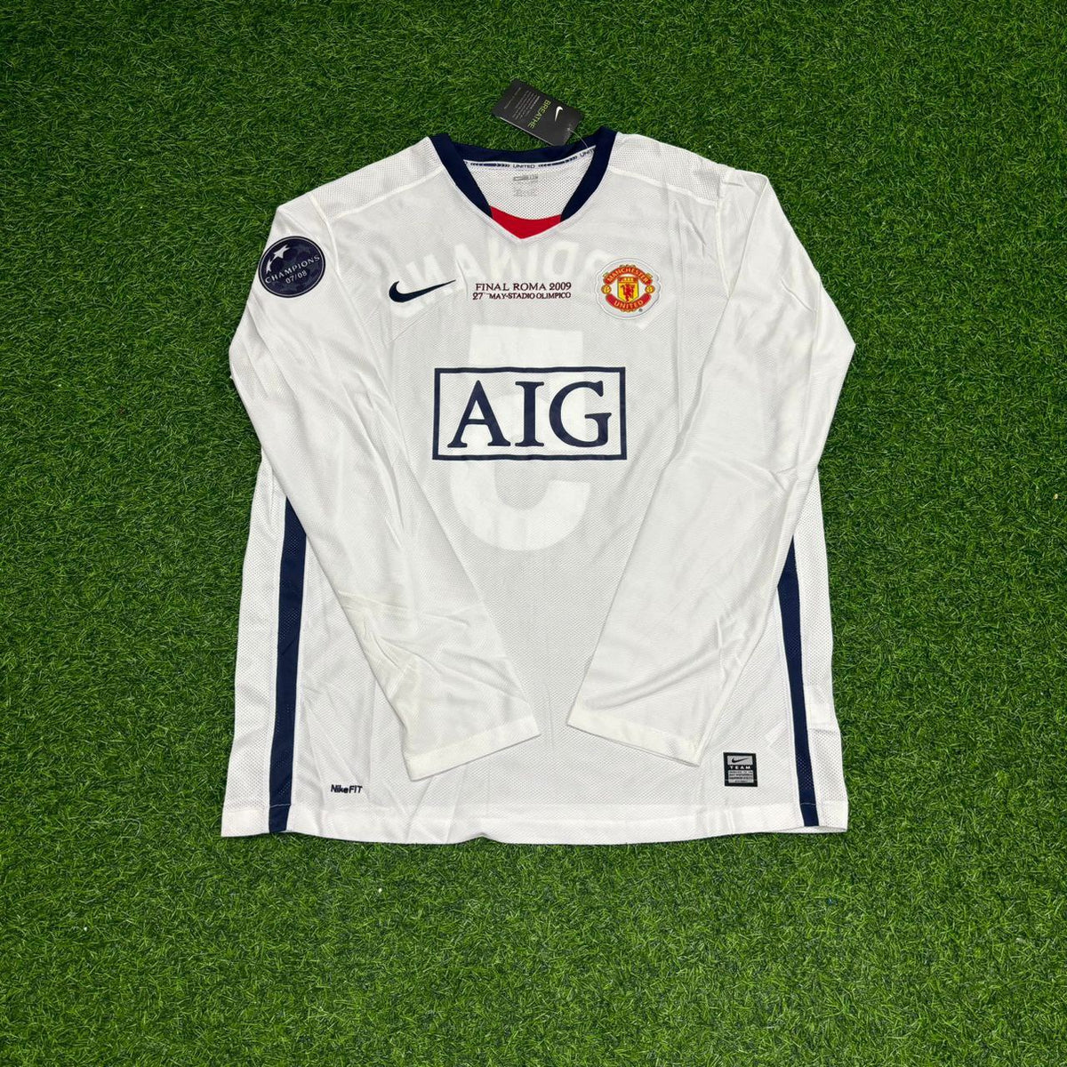 2009 Rio Ferdinand 5 Manchester United Champions Leage Final Rome Retro Long Sleeve Football Jersey – Front View