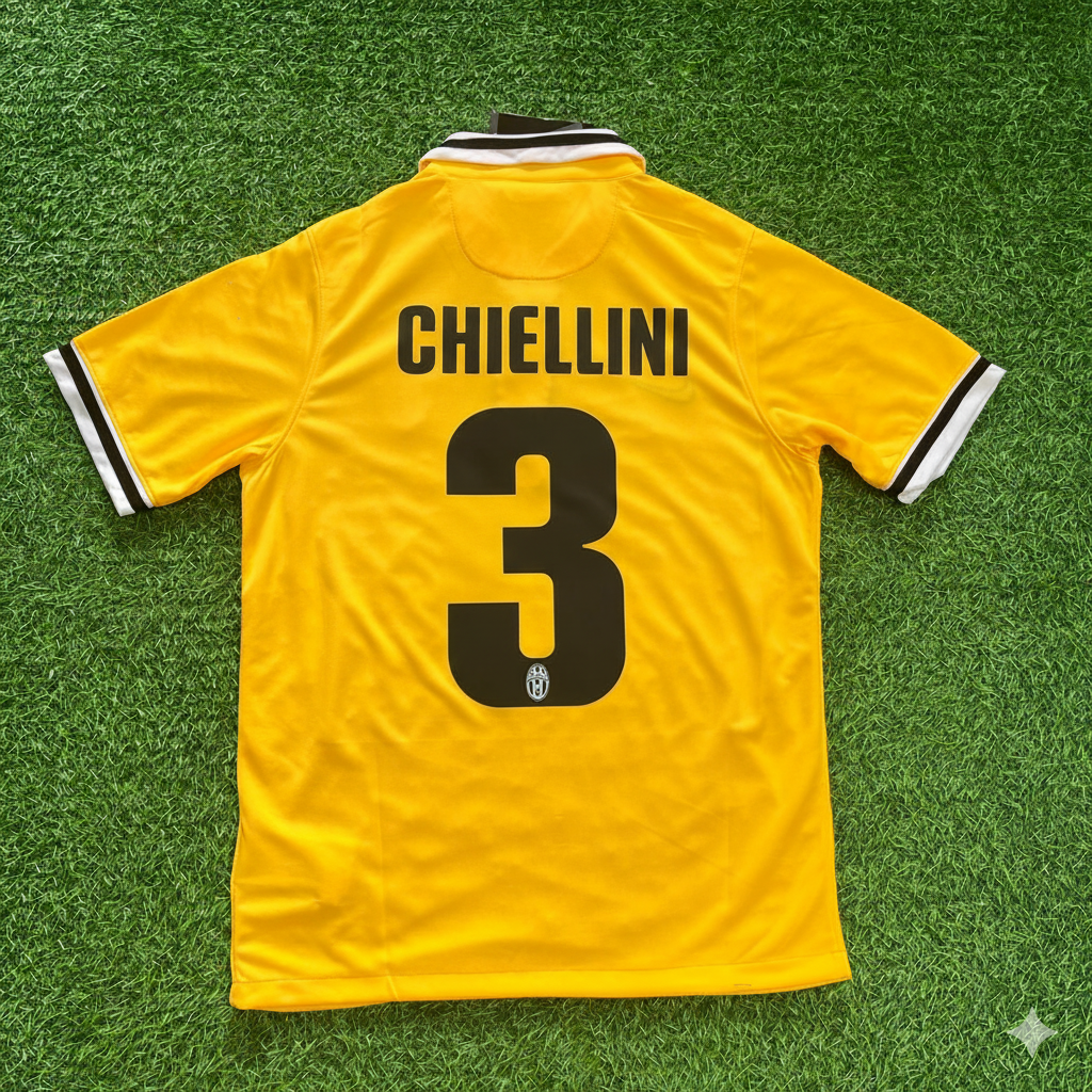 2013/14 Giorgio Chiellini Juventus Yellow Away Retro Football Jersey – Back View