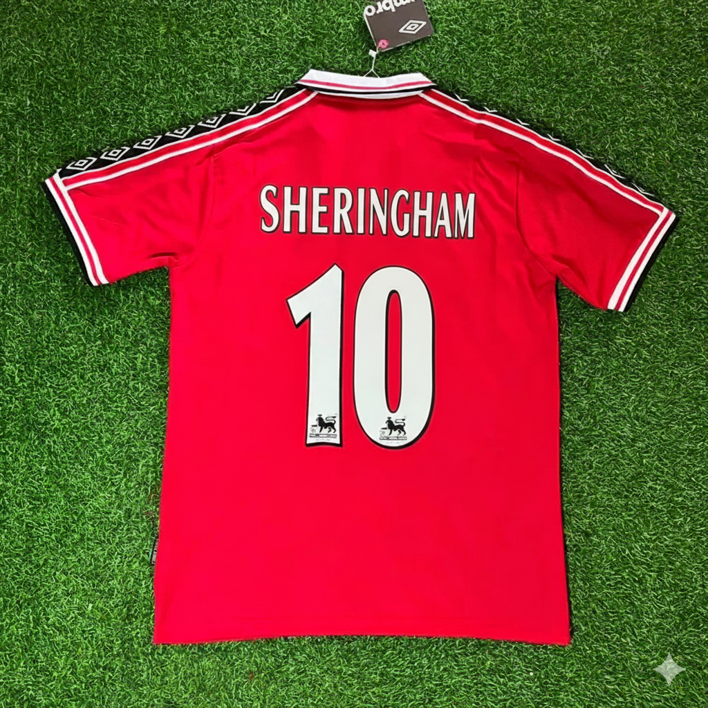 Teddy Sheringham Manchester United 1999 Red Retro Jersey – Back View