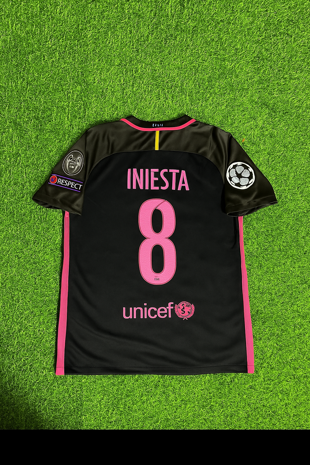 2014/15 Andres Iniesta Retro Black Pink Football Jersey – Back View