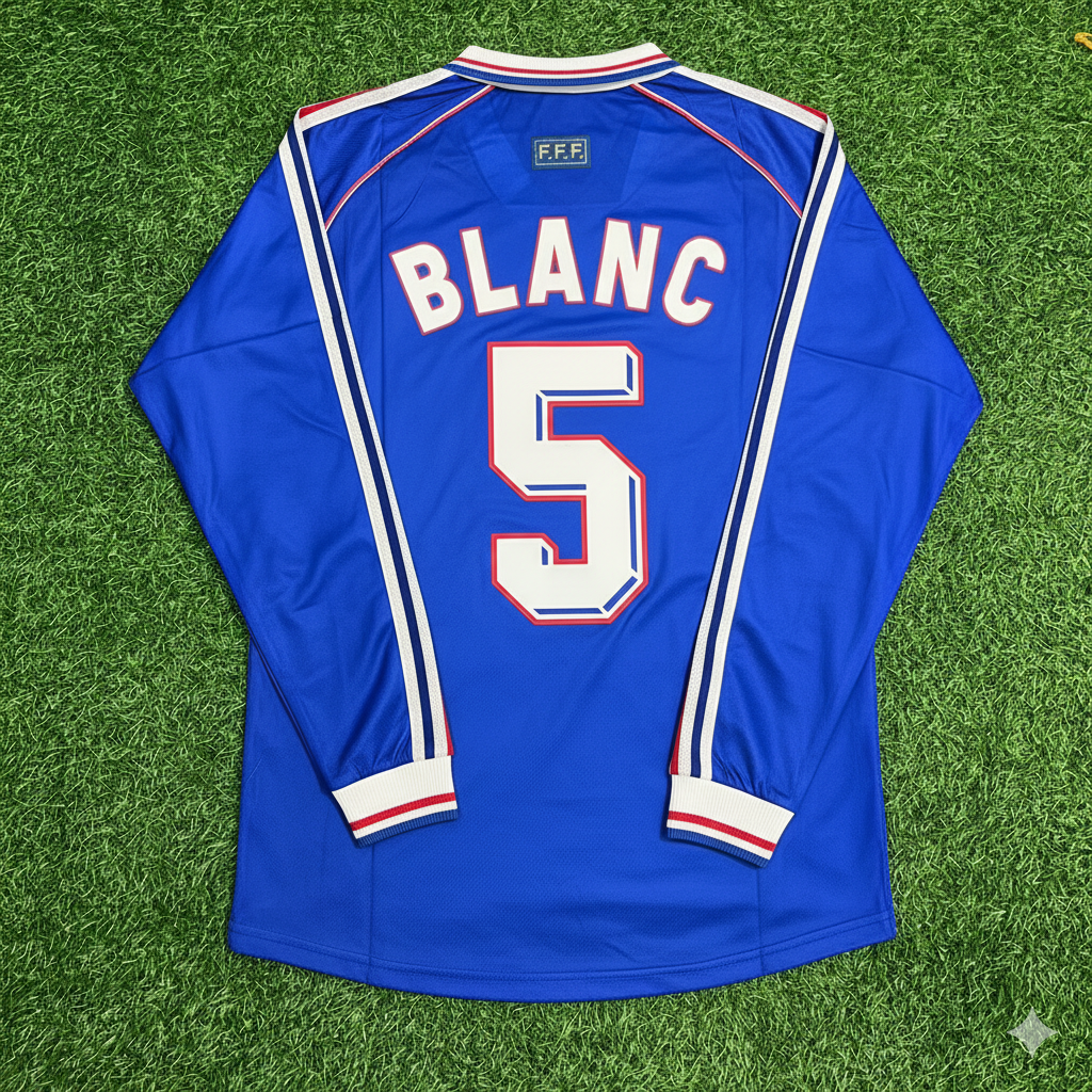 Laurent Blanc France 1998 World Cup Retro Long Sleeve Football Jersey – Back View