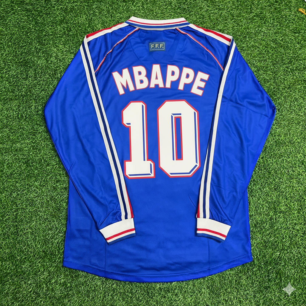 1998 France World Cup Kylian Mbappe Retro Long Sleeve Football Jersey – Back View