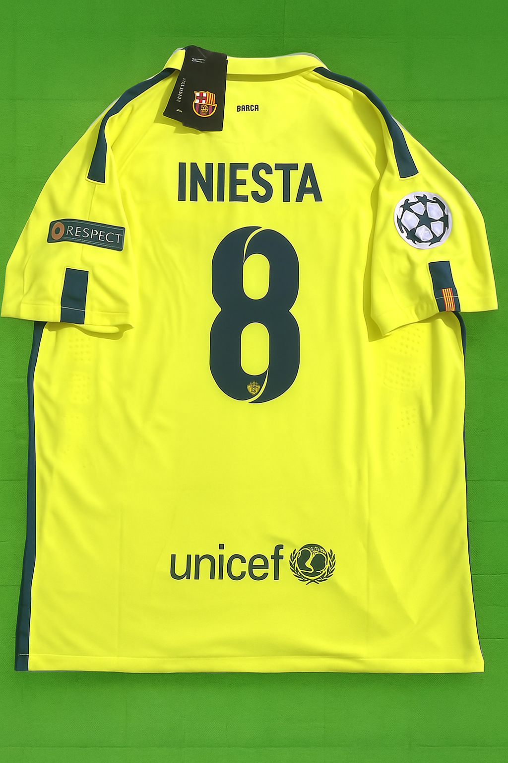 Andres Iniesta Barcelona 14/15 Retro Yellow Football Jersey – Back View