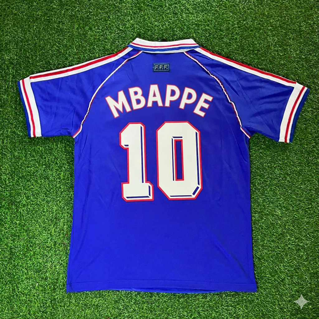 1998 France World Cup Kylian Mbappe Retro Football Jersey – Back View