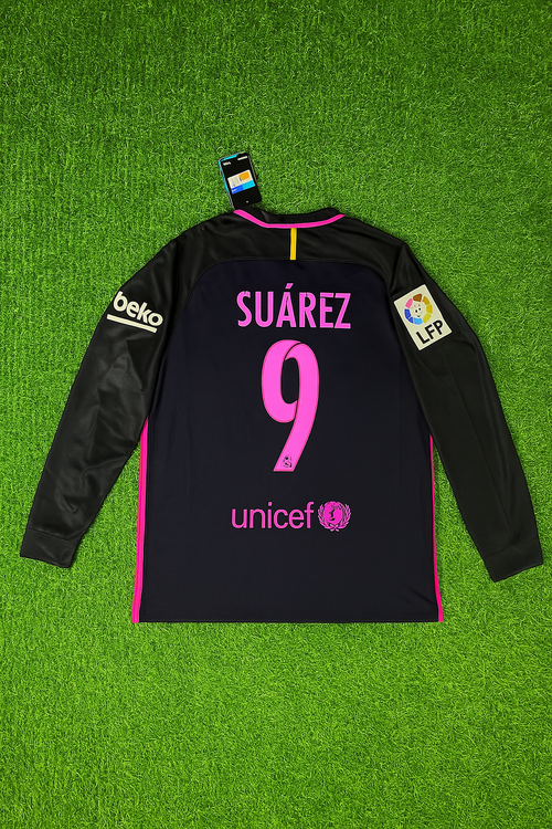 14/15 Barcelona Retro Pink Printing Long Sleeve Jersey – Luis Suarez – Back View