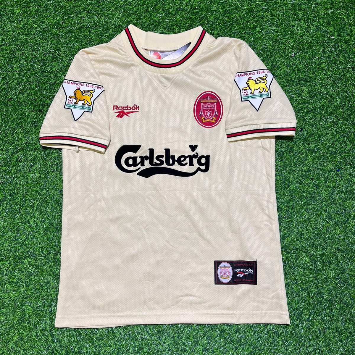 1996 Robbie Fowler Liverpool 1997 Retro Beige White Retro Football Jersey – Front View