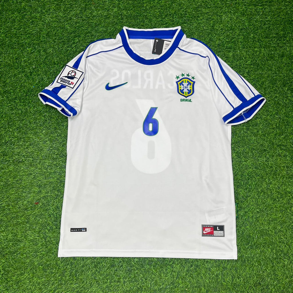 1998 Brazil World Cup Roberto Carlos #6 White Retro Football Jersey – Front View