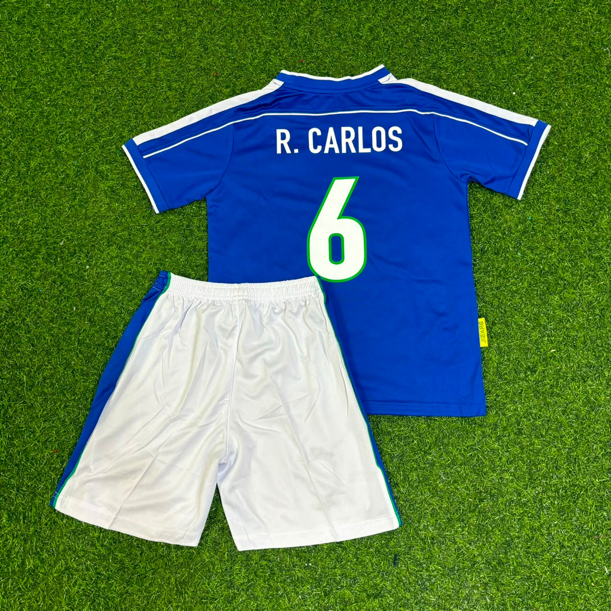 1998 Brazil World Cup Roberto Carlos #6 Retro Kids Football Jersey Kinder – Back View