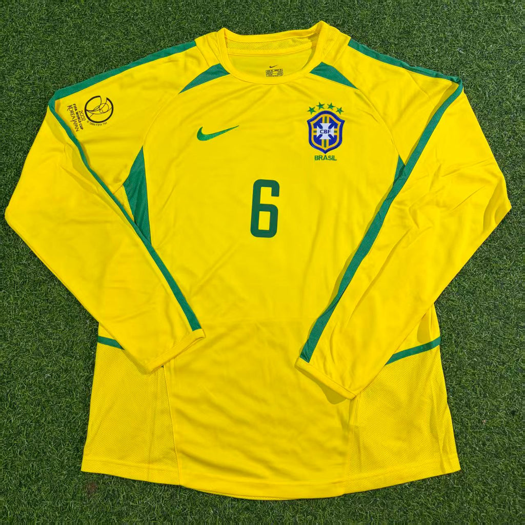 Brazil 2002 World Cup Final Yellow Long Sleeve Retro Football Jersey – Roberto Carlos – Front View