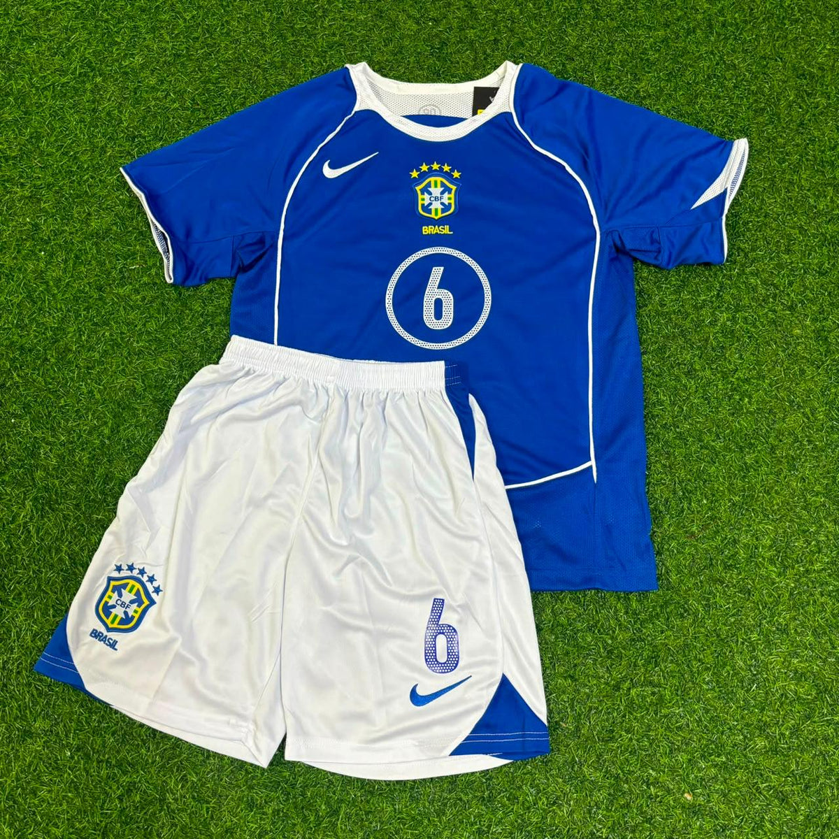 Roberto Carlos #6 Brazil 2004 Blue Away Kids Kit Retro Football Jersey – Front View