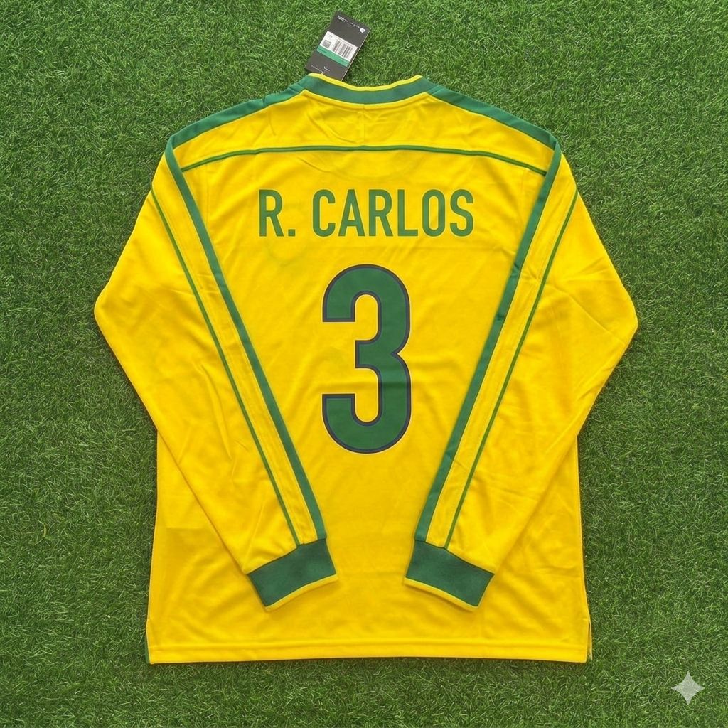 Brazil Long Sleeve Retro Football Kit Jersey Shirt – Roberto Carlos #3- – Back View