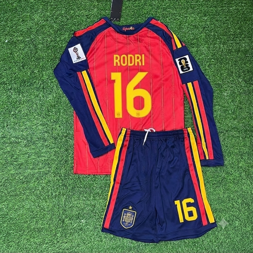 Rodri Spain 2026 World Cup Kids Home Long Sleeve Football Jersey – Back View