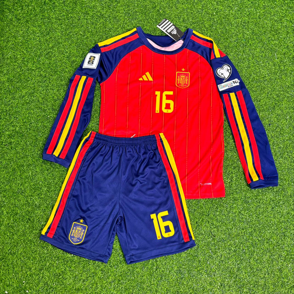 Spain 2026 World Cup Kids Home Long Sleeve Football Jersey – Rodri – Front View