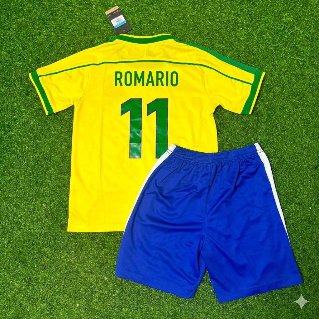2002 Brazil World Cup Romario #11 Retro Kids Football Jersey Kinder – Back View