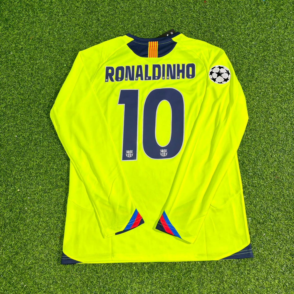 2005/06 Ronaldinho Gaucho Barcelona Yellow Green Retro Long Sleeve Football Jersey – Back View