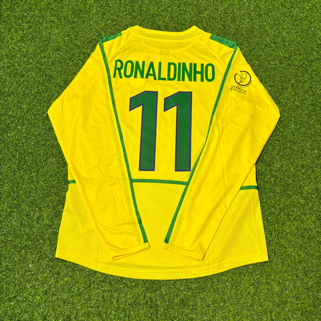 Brazil 2002 World Cup Final Yellow Long Sleeve Retro Football Jersey – Ronaldinho – Back View