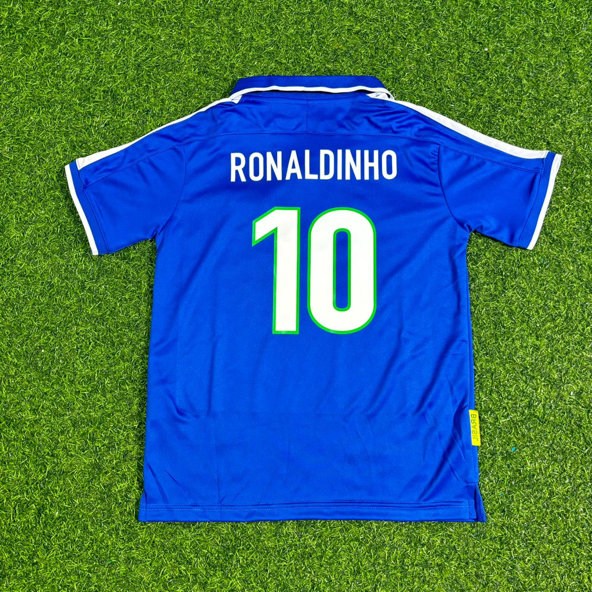 Brazil Blue Retro Football Jersey – Ronaldinho – Back View