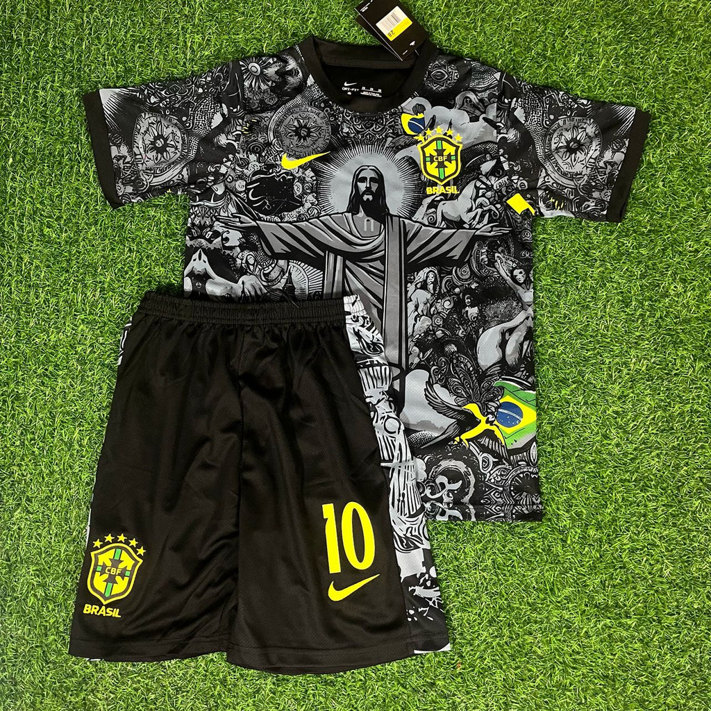 Ronaldinho Gaucho Brazil Black Kids Retro Football Jersey Set – Front View