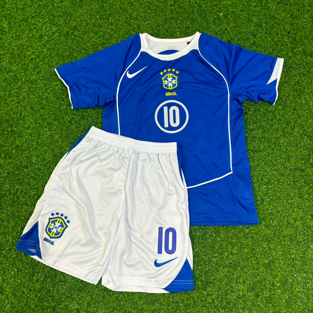 2004 Ronaldinho #10 Brazil Blue Away Kids Kit Retro Football Jersey Collection – Front View