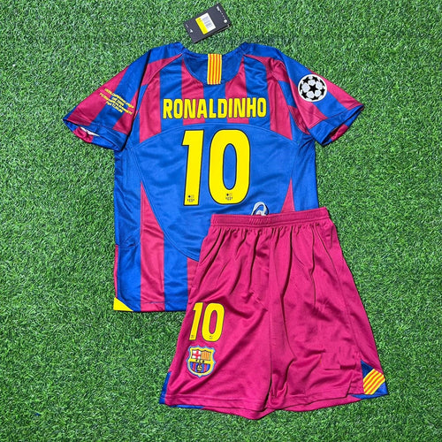 2006 Barcelona Final Retro Short Sleeve Kids Football Kit Ronaldinho Gaucho