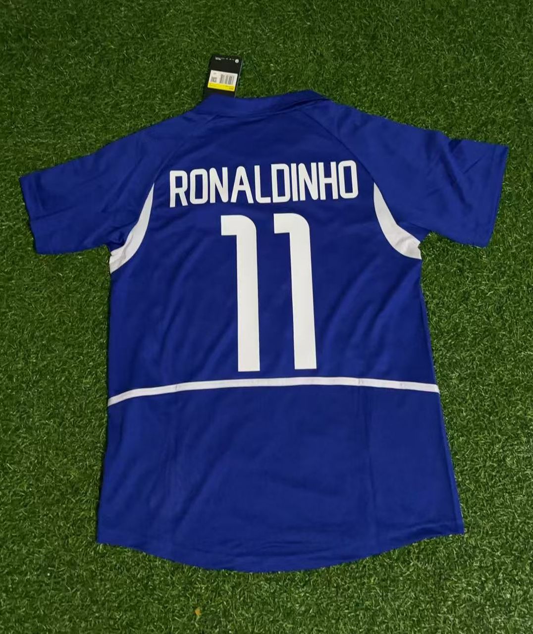 2002 Brazil World Cup Ronaldinho Gaucho Blue Retro Football Jersey – Back View