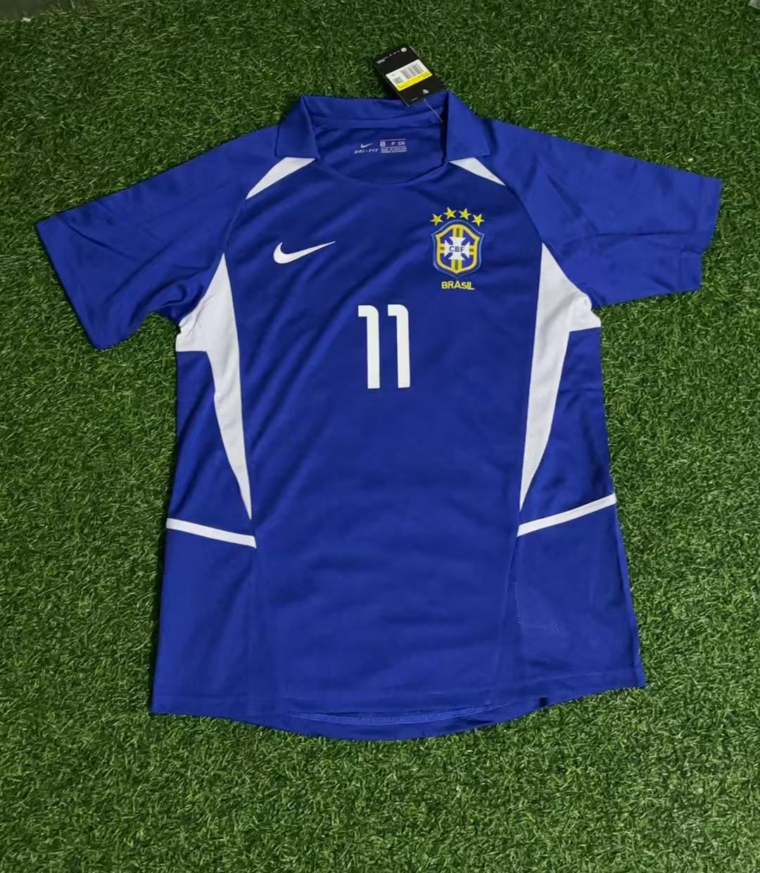 2002 Brazil World Cup Ronaldinho Gaucho Blue Retro Football Jersey – Front View