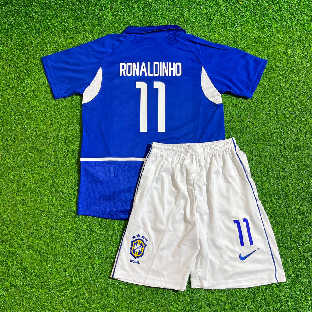 Ronaldinho Brazil 2002 Away Kids Kit – Kit Jersey for Children – | KinderTrikot | Enfant – Back View
