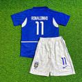 Ronaldinho Brazil 2002 Away Kids Kit – Kit Jersey for Children – | KinderTrikot | Enfant – Back View