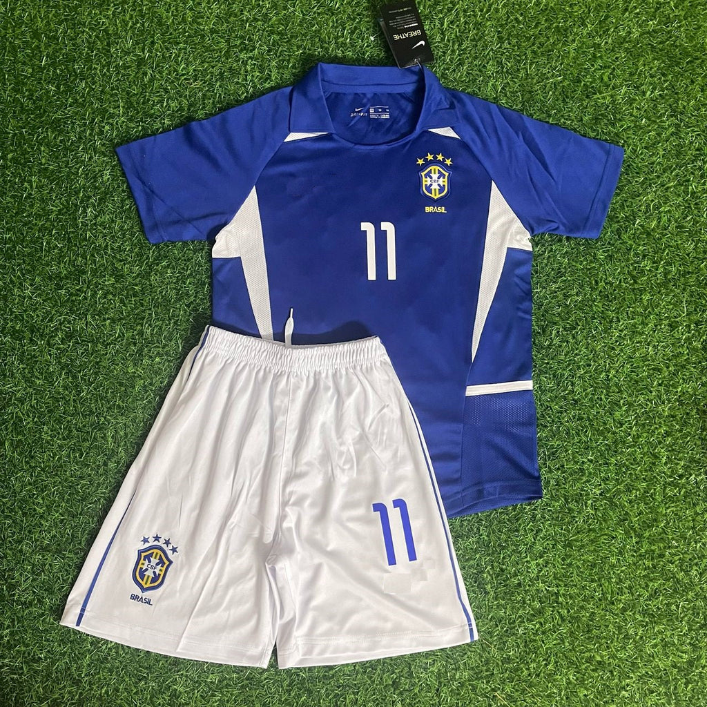 2002 Ronaldinho Brazil Away Kids Kit Football Jersey for Children – Front View