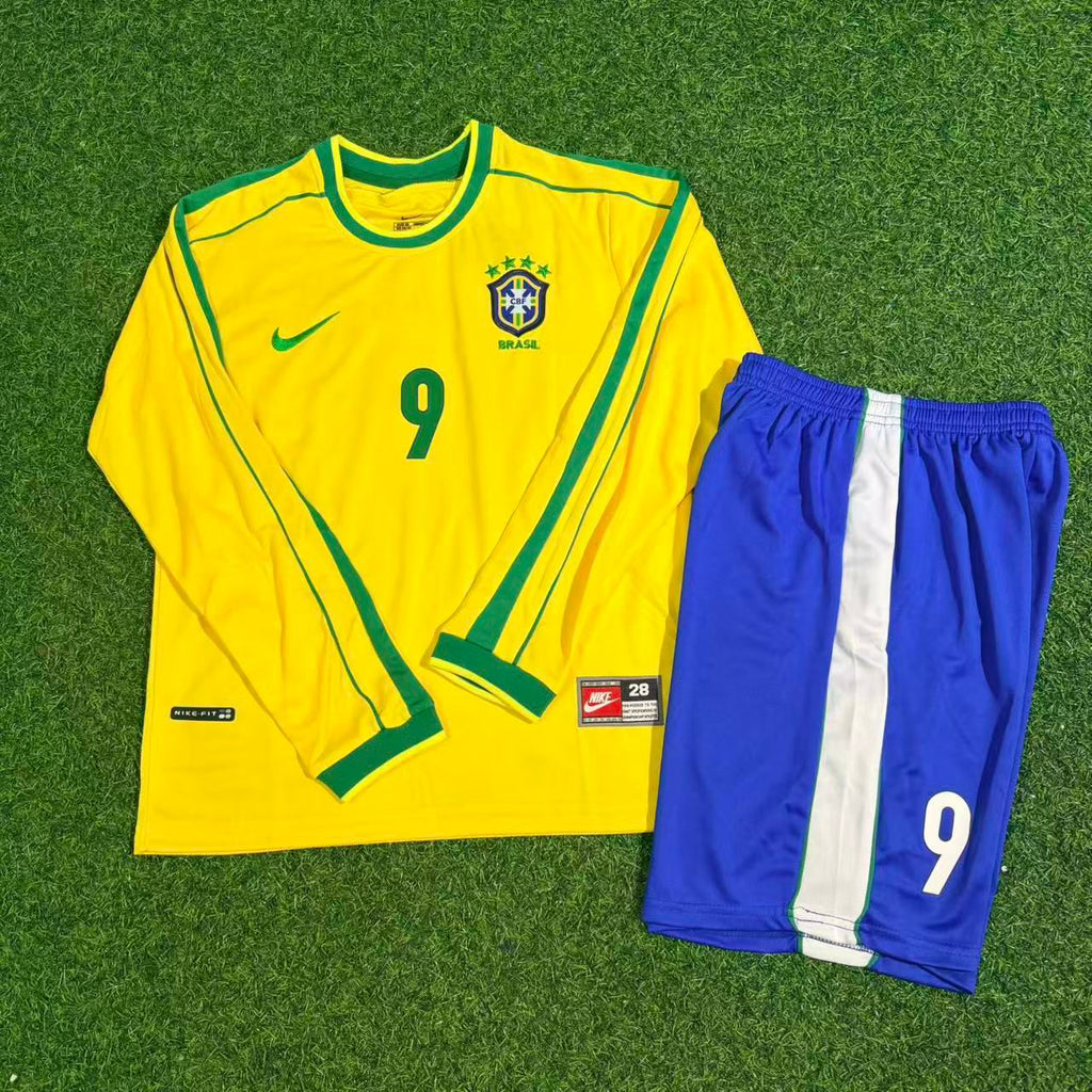 1998 Ronaldo Nazario Brazil Kids Long Sleeve Retro Football Jersey – Front View