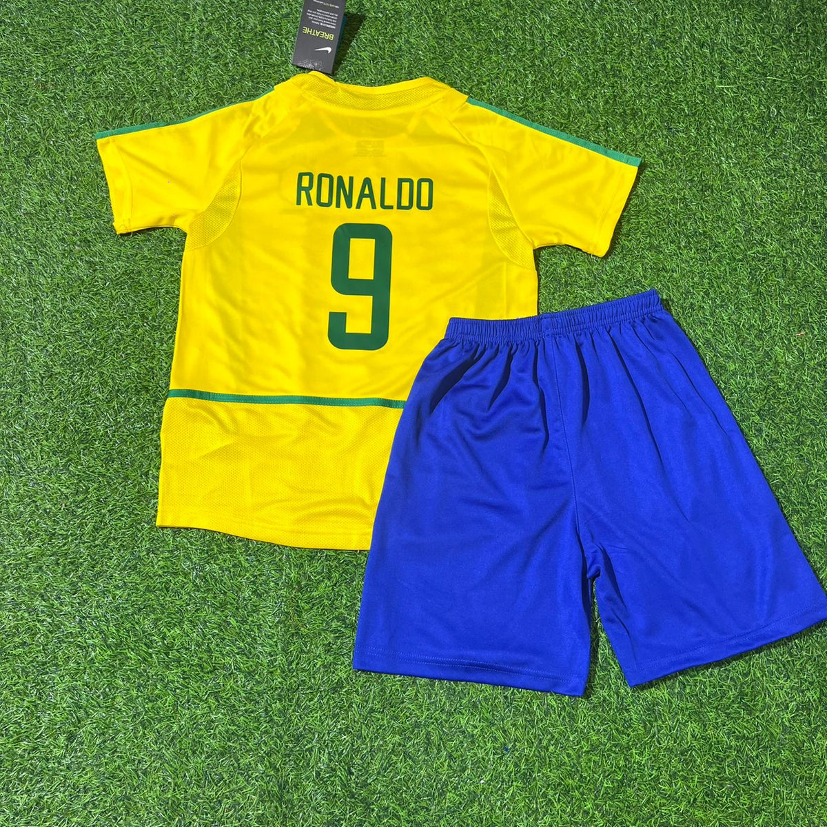 2002 Ronaldo Nazario Brazil Home Kids Kit Football Jersey for Children – Front View