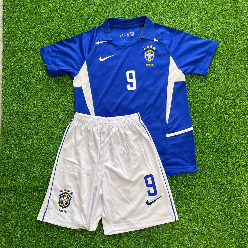 Ronaldo Nazario Brazil 2002 World Cup Retro Away Blue Kids Jersey Kinder Enfant – Front View