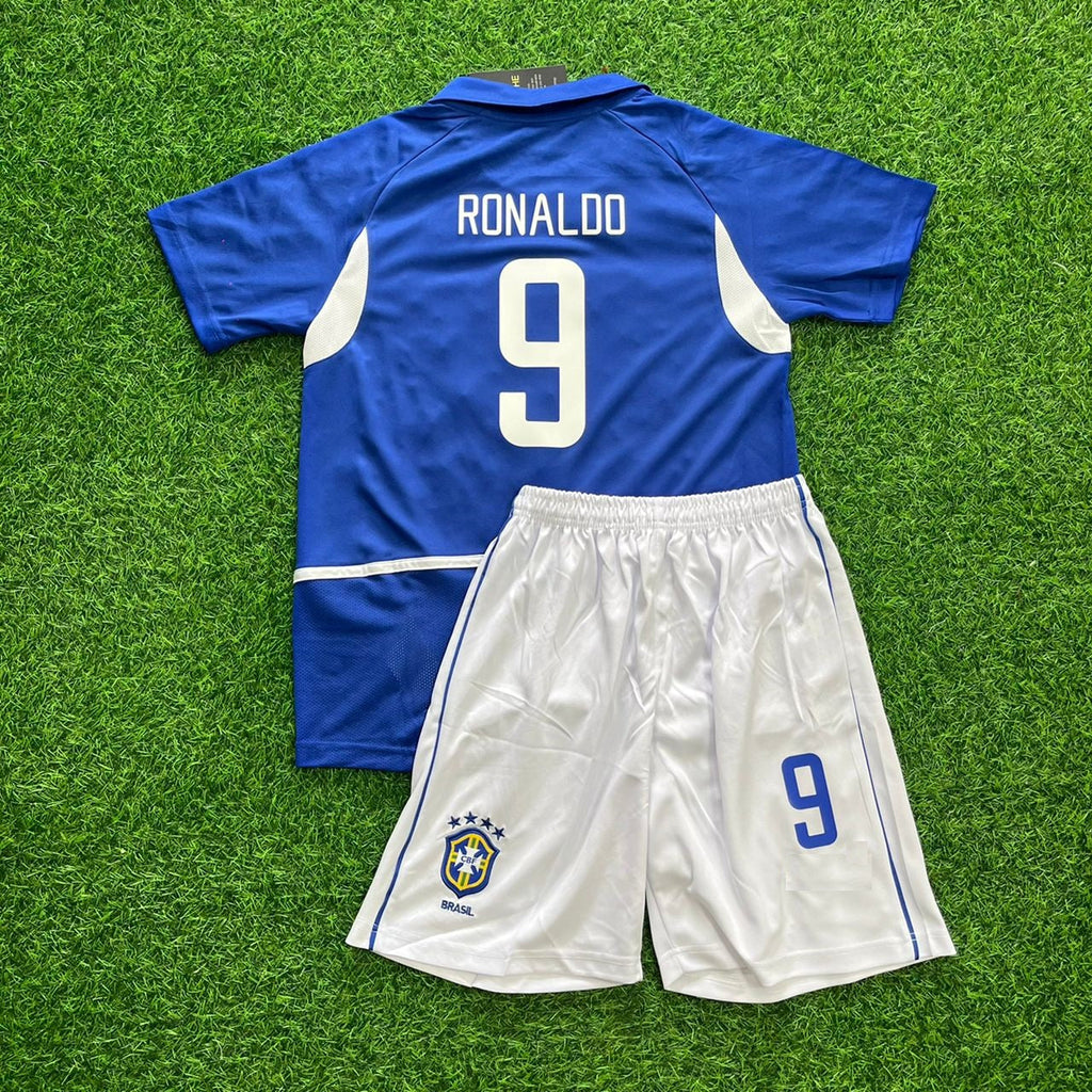 Ronaldo Nazario Brazil 2002 World Cup Retro Away Blue Kids Jersey Kinder Enfant – Back View