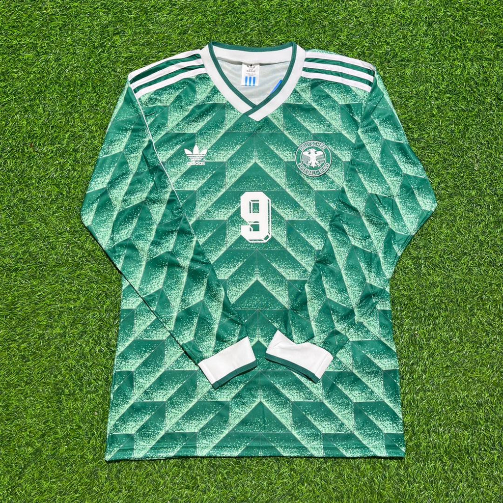 1990 Rudi Völler #9 Deutschland World Cup Auswärts Langarm Retro – Front View